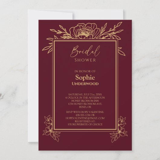 Burgundy Gold Floral Simple Wedding Brautparty Einladung (Vorderseite)