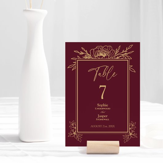Burgundy Gold Floral Simple Wedding Tischnummer