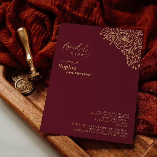 Burgundy Gold Floral Wedding Brautparty Einladung