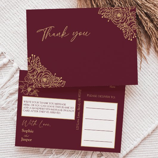 Burgundy Gold Floral Wedding Danke Postcard Postkarte