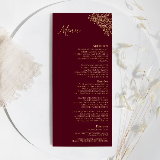 Burgundy Gold Floral Wedding Flat Menu Menükarte