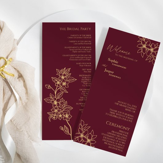 Burgundy Gold Floral Wedding Flat Program Programm