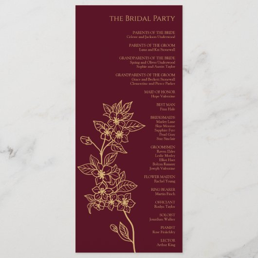 Burgundy Gold Floral Wedding Flat Program Programm (Rückseite)