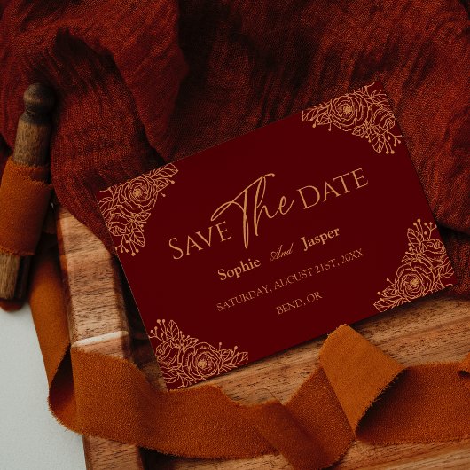 Burgundy Gold Floral Wedding Flat Save the Date
