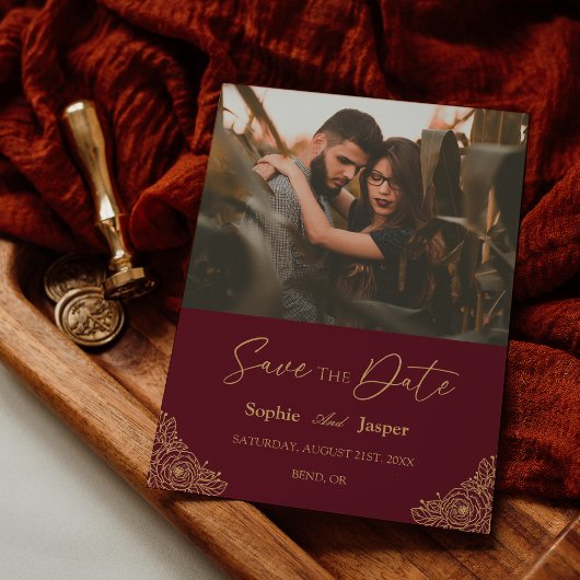 Burgundy Gold Floral Wedding Foto Save the Date