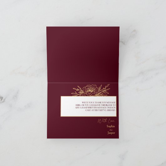 Burgundy Gold Floral Wedding geklappt Danke Karte (Innenseite)
