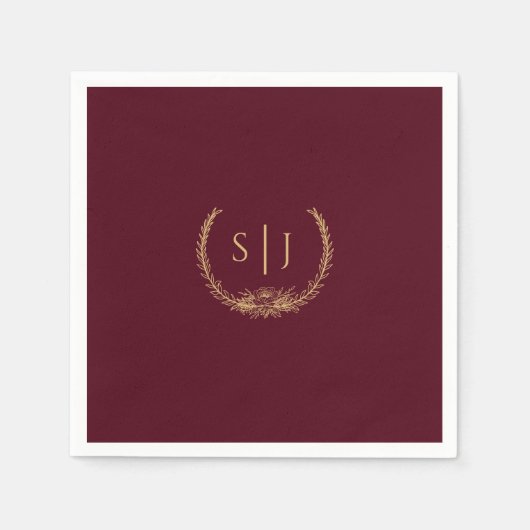 Burgundy Gold Floral Wedding Monogram Napkin Serviette (Vorderseite)