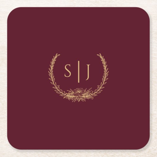 Burgundy Gold Floral Wedding Monogram Rechteckiger Pappuntersetzer (Vorderseite)
