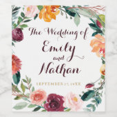 Burgundy Gold Floral Wedding of Wine Label Weinetikett (Einzelnes Label)