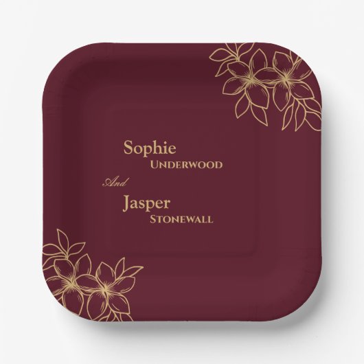 Burgundy Gold Floral Wedding Paper Teller (Vorderseite)