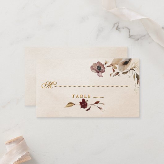 Burgundy Gold Floral Wedding Platzkarte (Vorderseite/Rückseite Beispiel)