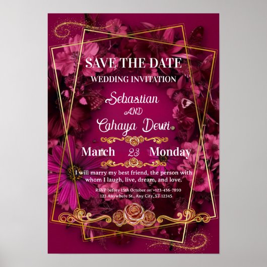 Burgundy Gold Floral Wedding Poster (Vorne)