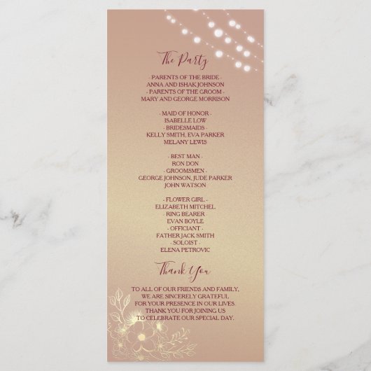 Burgundy Gold Floral Wedding Program Card Programm (Rückseite)
