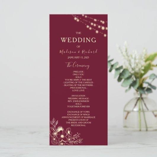 Burgundy Gold Floral Wedding Program Card Programm (Stehend Vorderseite)