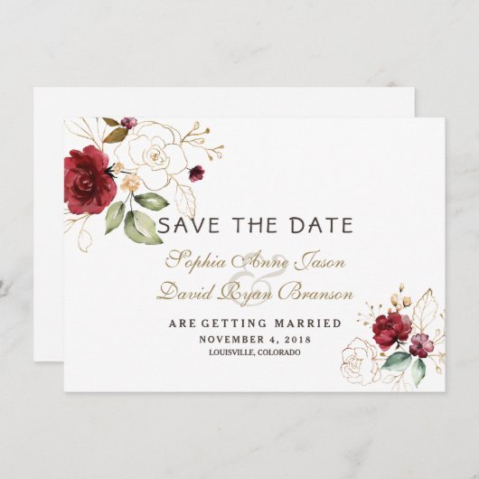 Burgundy Gold Floral Wedding retten das Datum Save The Date (Vorne/Hinten)