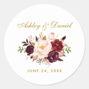 Burgundy Gold Floral Wedding Runder Aufkleber