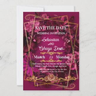 Burgundy Gold Floral Wedding Save the Date Einladung