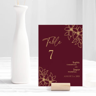 Burgundy Gold Floral Wedding Tischnummer Card
