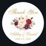 Burgundy Gold Floral Wedding Vielen Dank Runder Aufkleber<br><div class="desc">Burgundy Marsala Gold Floral Watercolor Hochzeit Danke Stickers</div>