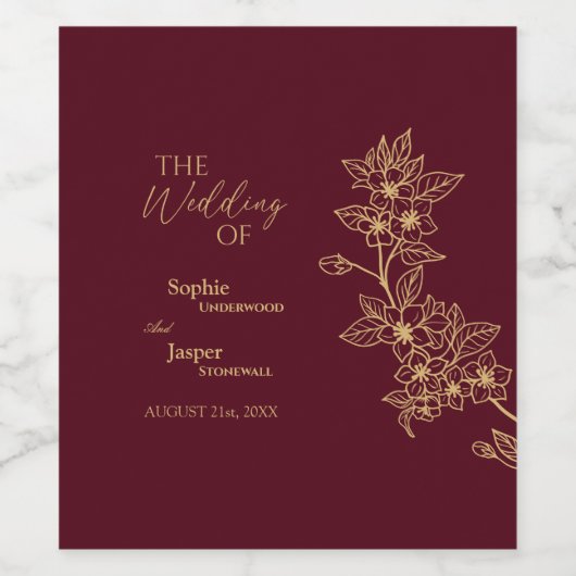 Burgundy Gold Floral Wedding Wine Label Weinetikett (Einzelnes Label)