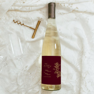 Burgundy Gold Floral Wedding Wine Label Weinetikett