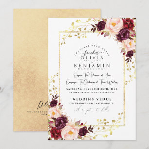 Burgundy Gold Florales Chic Foil Glitzer Hochzeit Einladung