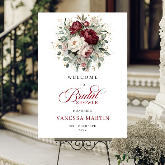Burgundy Gold Flowers Bridal Shower Welcome Poster