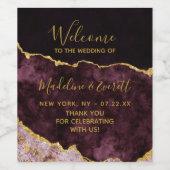 Burgundy Gold Foil Marble Agate Wedding Willkommen Weinetikett (Einzelnes Label)