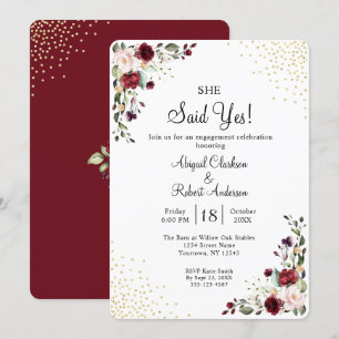 Burgundy Gold Foil Sie sagte ja Engagement Party Einladung