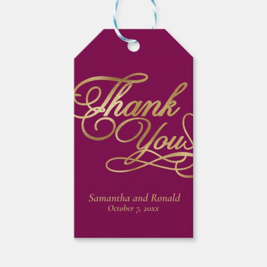 Burgundy & Gold Foil Thank You Calligraphy Wedding Geschenkanhänger (Vorderseite)