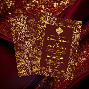 Burgundy Gold Foil Vintage Blumenhochzeit Einladung