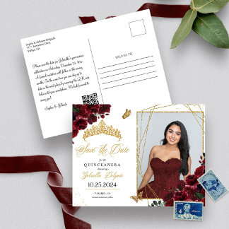 Burgundy Gold Foto Card Quinceañera Save the Date Einladung