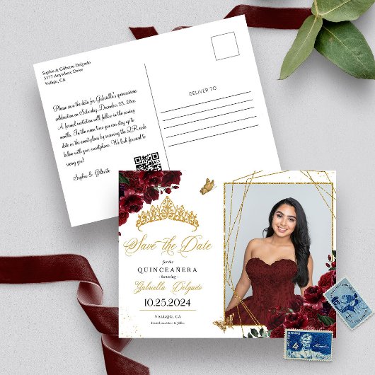 Burgundy Gold Foto Card Quinceañera Save the Date Einladung