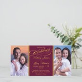 Burgundy Gold Foto Collage Wedding Einladung (Stehend Vorderseite)