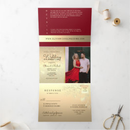 Burgundy Gold Foto Tri-Fold Wedding Einladung