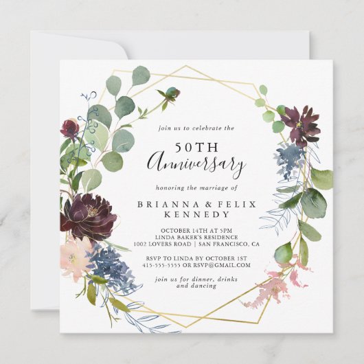 Burgundy Gold Geometric 50. Hochzeitstag Einladung (Vorderseite)