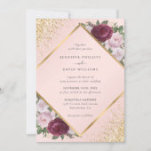 Burgundy Gold Geometric Blush Pink Floral Wedding Einladung (Vorderseite)