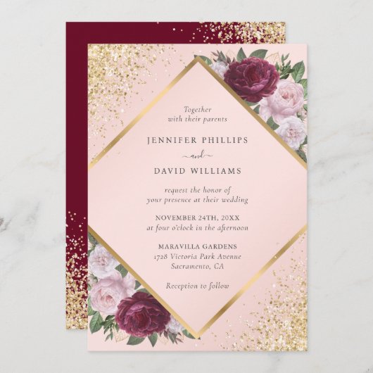 Burgundy Gold Geometric Blush Pink Floral Wedding Einladung (Vorne/Hinten)