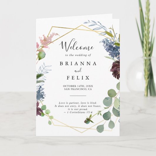 Burgundy Gold Geometric Folded Wedding Programm (Vorderseite)