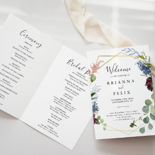 Burgundy Gold Geometric Folded Wedding Programm
