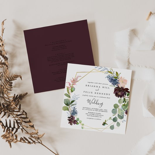 Burgundy Gold Geometric Front & Back Wedding Einladung