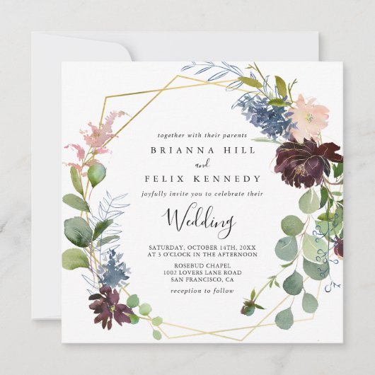 Burgundy Gold Geometric Front & Back Wedding Einladung (Vorderseite)