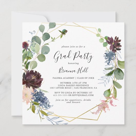 Burgundy Gold Geometric Grad Party Einladung (Vorderseite)