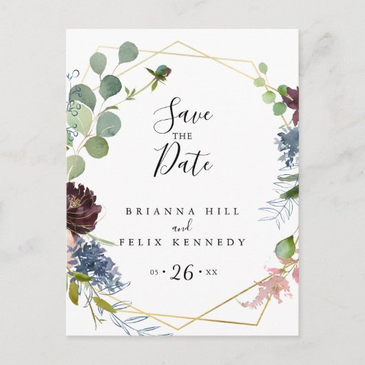 Burgundy Gold Geometric Save the Date Postkarte (Vorderseite)