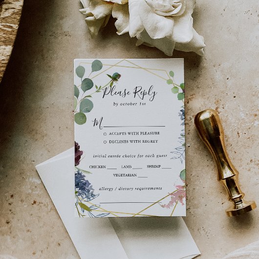 Burgundy Gold Geometric Wedding Menü UAWG RSVP Karte