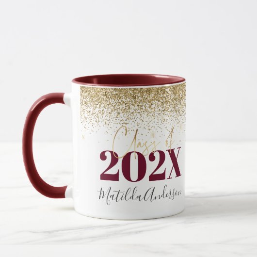 Burgundy Gold Glitzer Abschluss elegantes Skript m Tasse (Links)