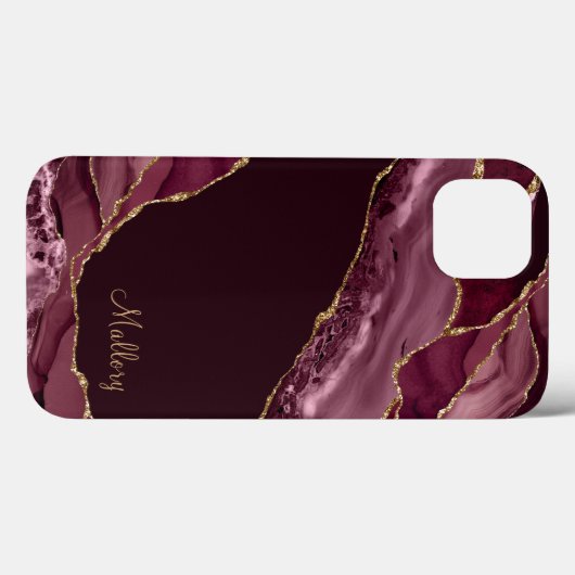 Burgundy Gold Glitzer Agate Monogram Case-Mate iPhone Hülle (Rückseite (Horizontal))