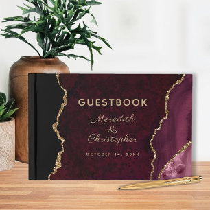 Burgundy Gold Glitzer Agate Wedding Gästebuch