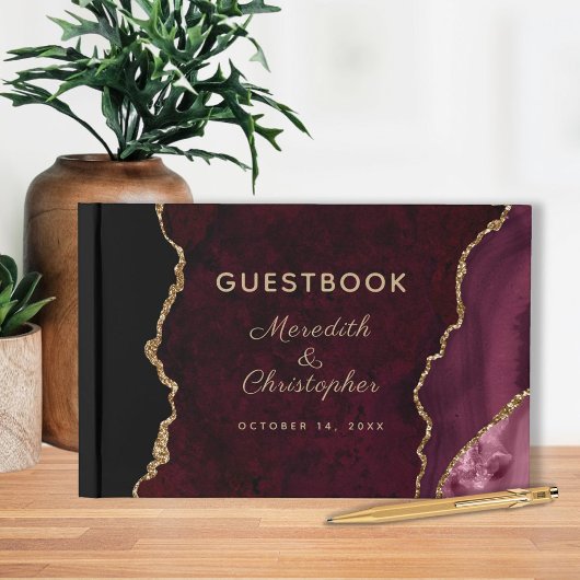Burgundy Gold Glitzer Agate Wedding Gästebuch