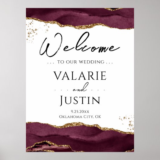 Burgundy Gold Glitzer Agate Wedding Willkommenszei Poster (Vorne)